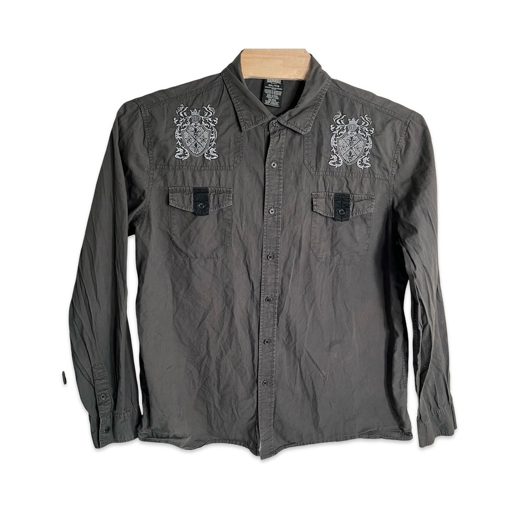 MMA Elite Mens 2XL Charcoal Gray Gothic Crest Embroidered Button Down Shirt